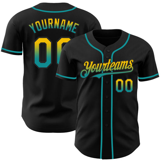 Custom Black Yellow-Teal Authentic Fade Fashion Baseball Jersey - Main View