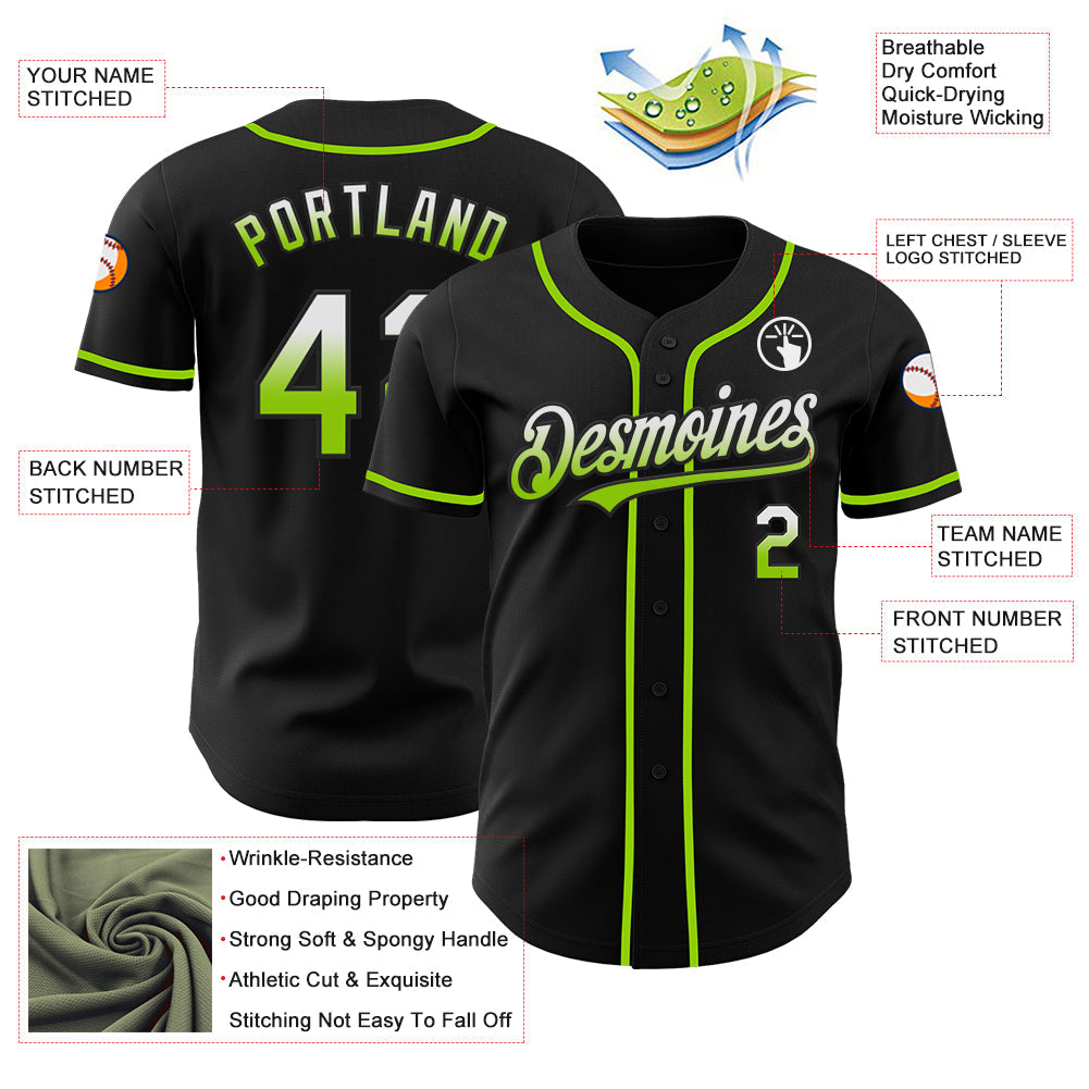 Custom Black White-Neon Green Authentic Fade Fashion Baseball Jersey view 3