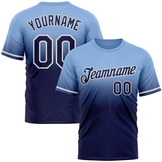 Custom Light Blue Navy-White Fade Fashion Performance T-Shirt - Main View