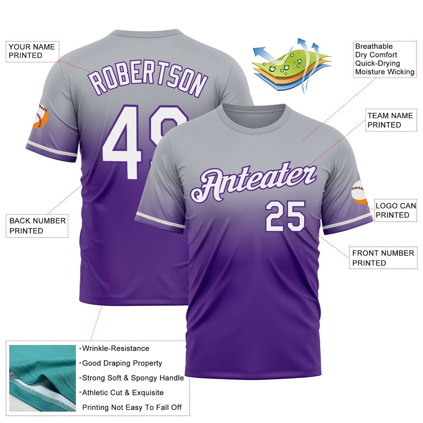 Custom Gray White-Purple Fade Fashion Performance T-Shirt view 3