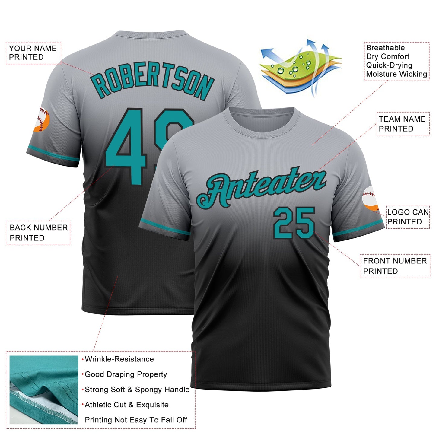 Custom Gray Teal-Black Fade Fashion Performance T-Shirt view 3