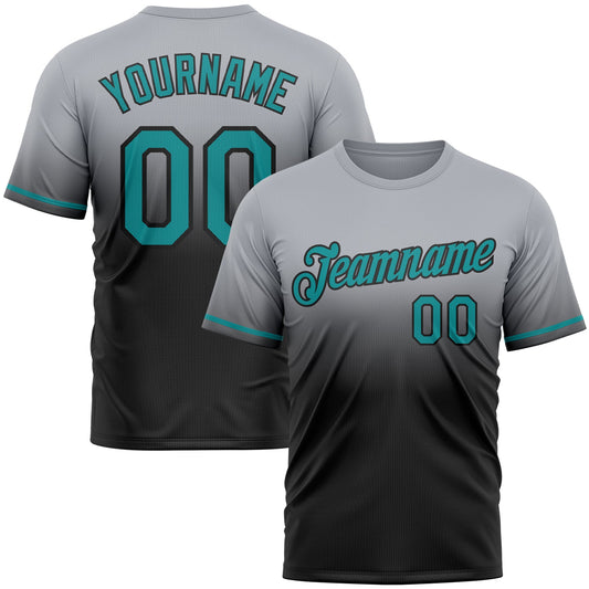 Custom Gray Teal-Black Fade Fashion Performance T-Shirt - Main View
