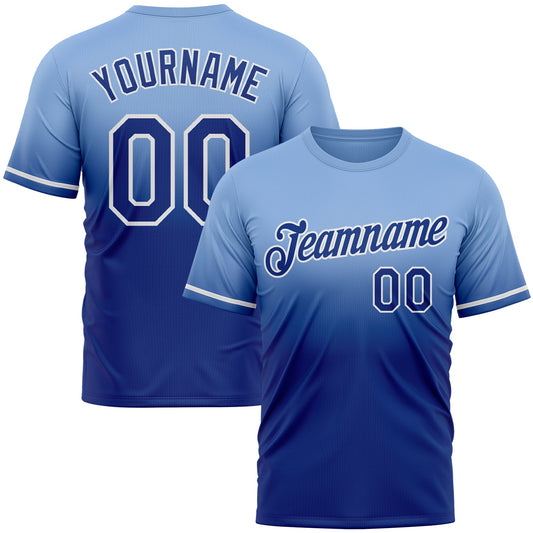 Custom Light Blue Royal-White Fade Fashion Performance T-Shirt - Main View