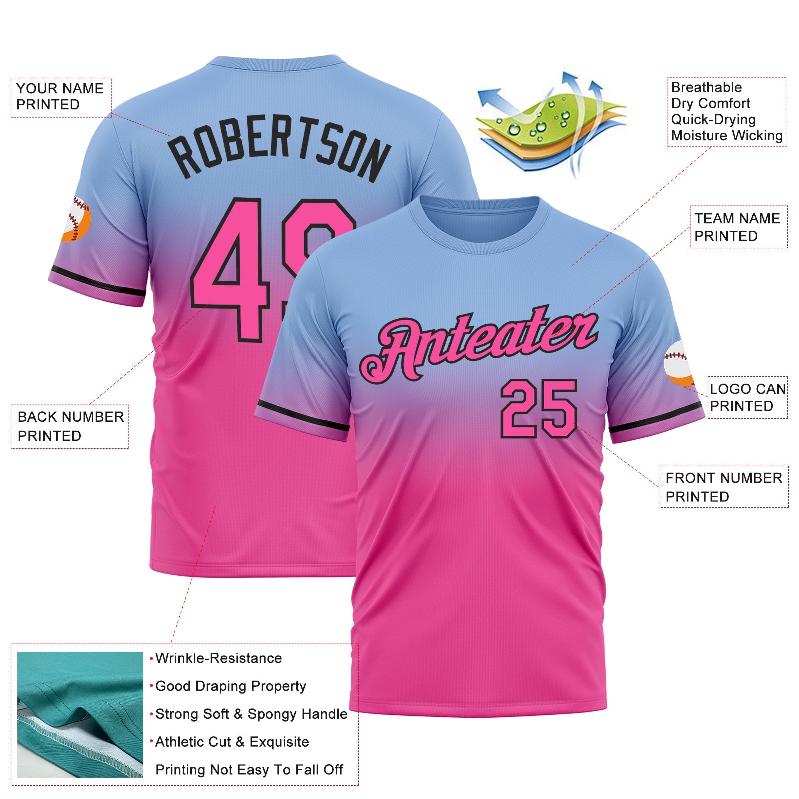 Custom Light Blue Pink-Black Fade Fashion Performance T-Shirt view 3