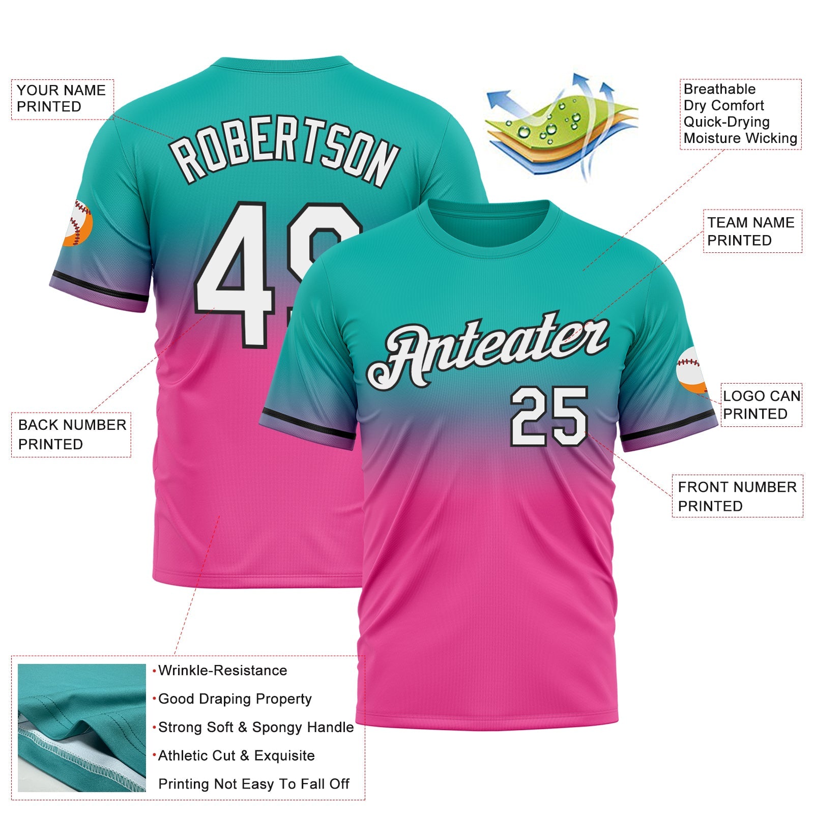 Custom Aqua Pink-Black Fade Fashion Performance T-Shirt view 3