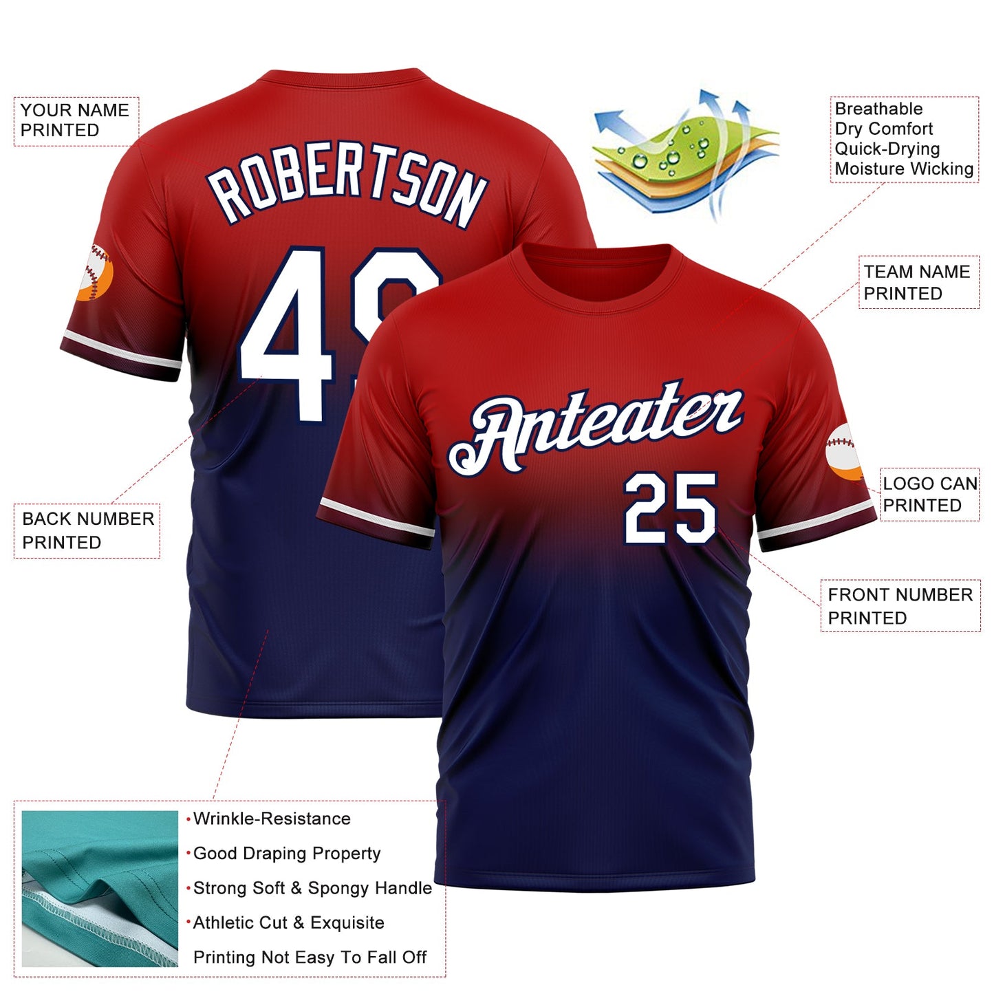 Custom Red White-Navy Fade Fashion Performance T-Shirt view 3