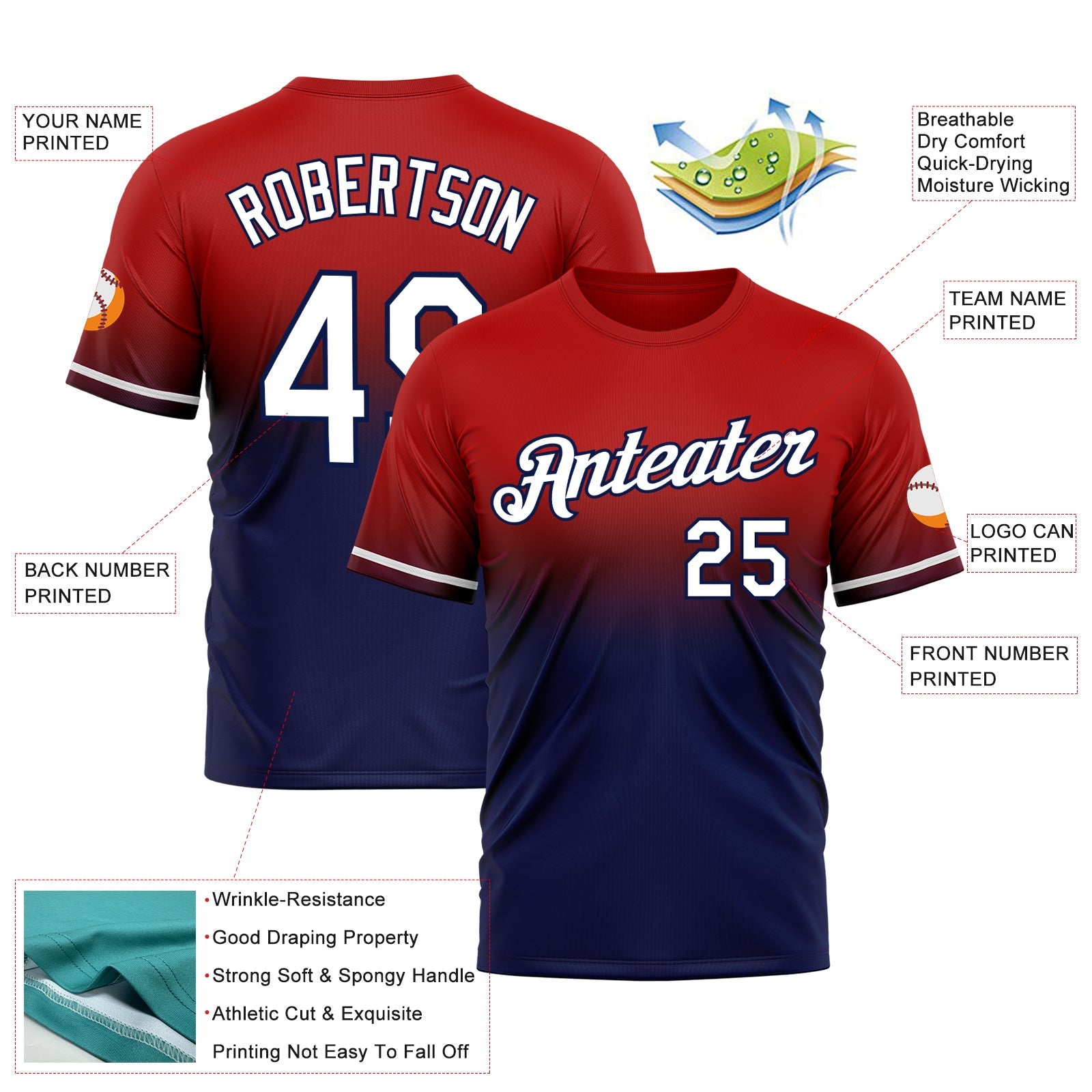 Custom Red White-Navy Fade Fashion Performance T-Shirt view 3