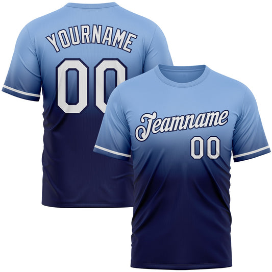 Custom Light Blue White-Navy Fade Fashion Performance T-Shirt - Main View