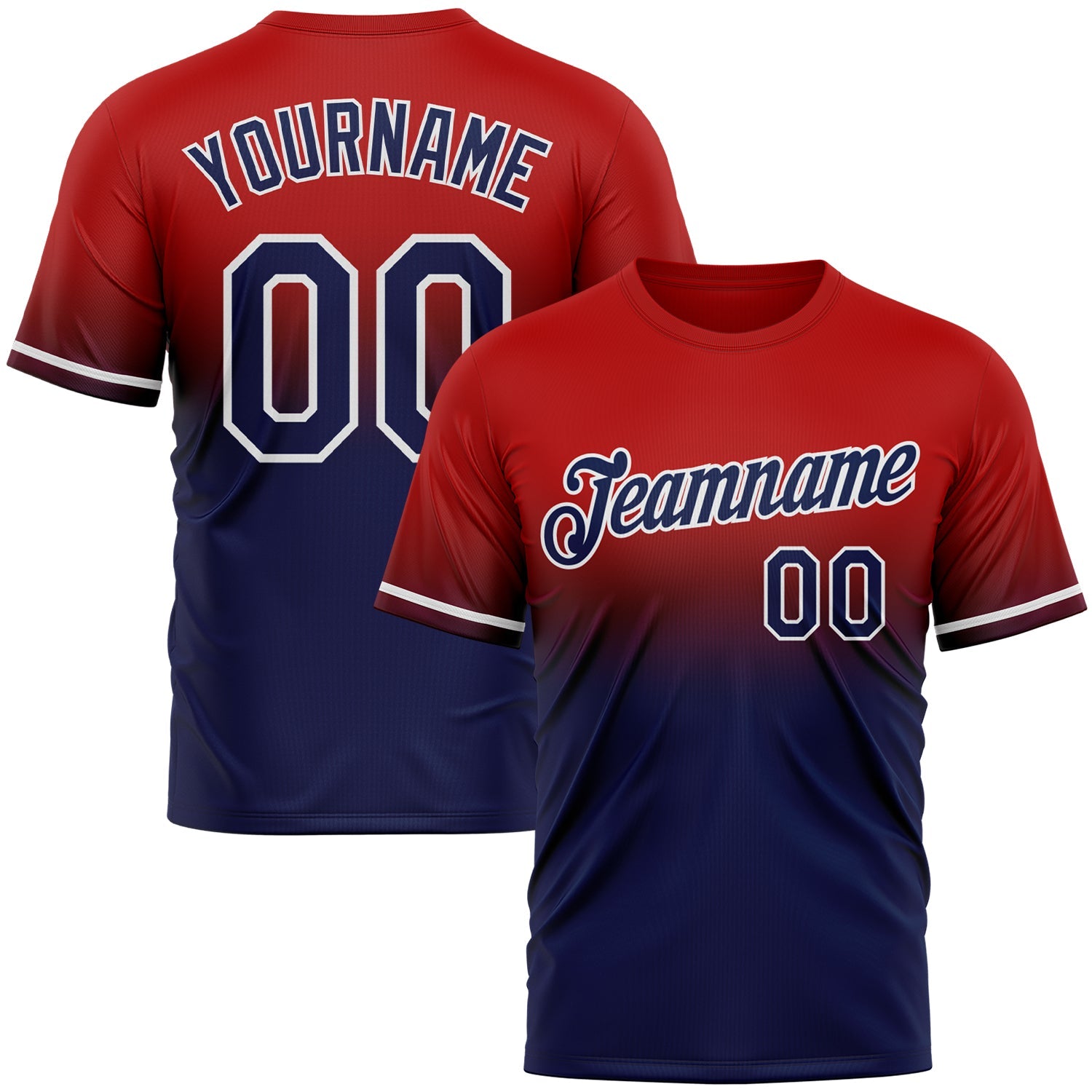Custom Red Navy-White Fade Fashion Performance T-Shirt - Main View