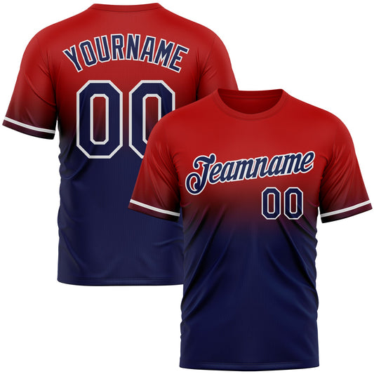 Custom Red Navy-White Fade Fashion Performance T-Shirt - Main View
