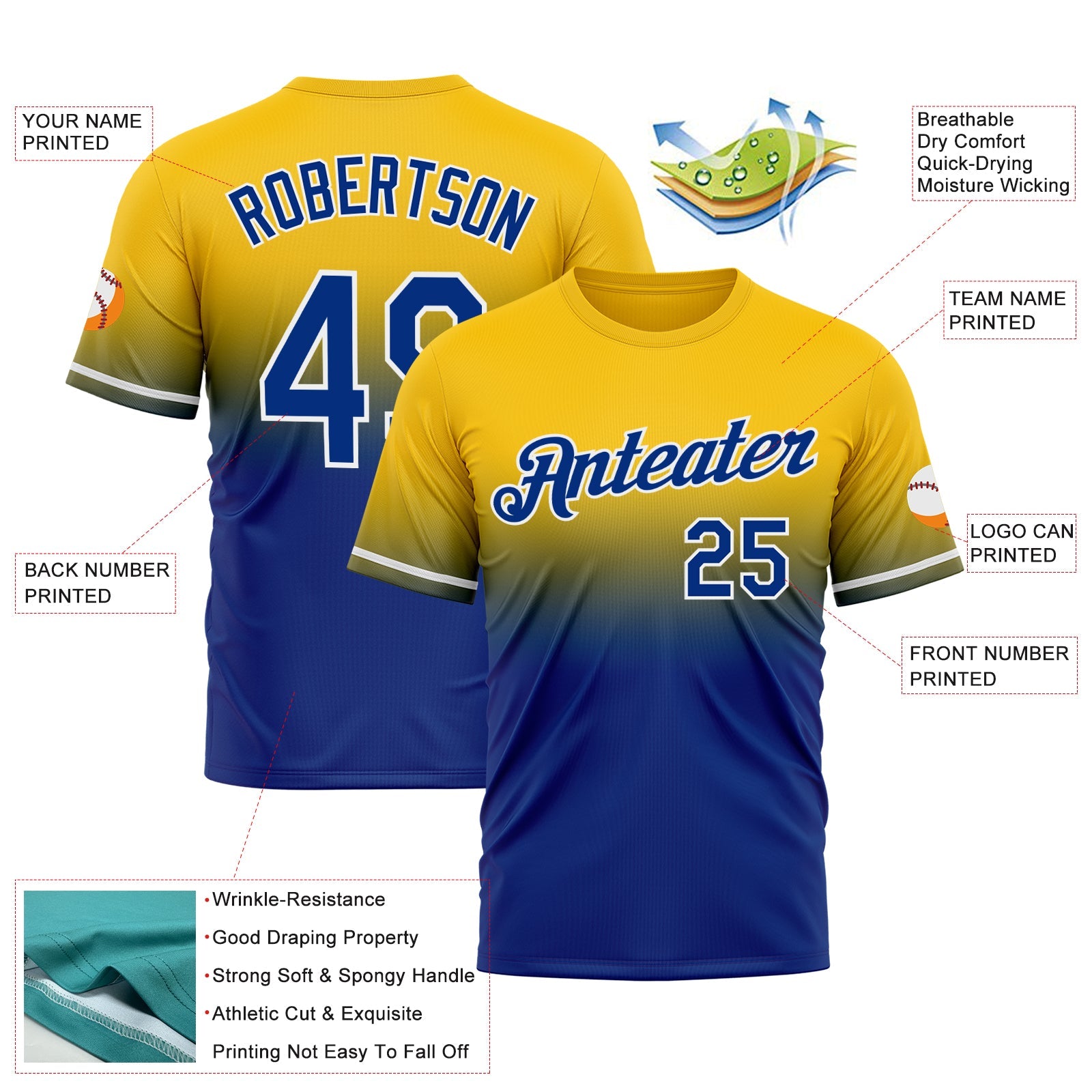 Custom Yellow Royal-White Fade Fashion Performance T-Shirt view 3