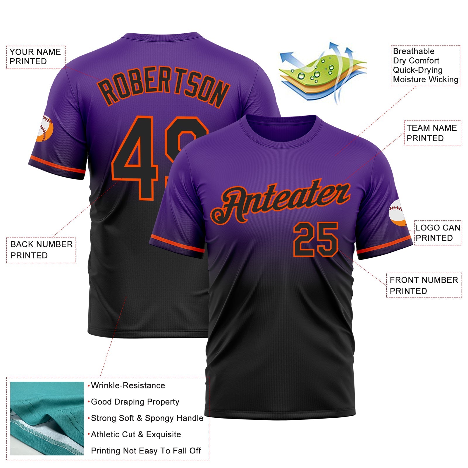 Custom Purple Black-Orange Fade Fashion Performance T-Shirt view 3