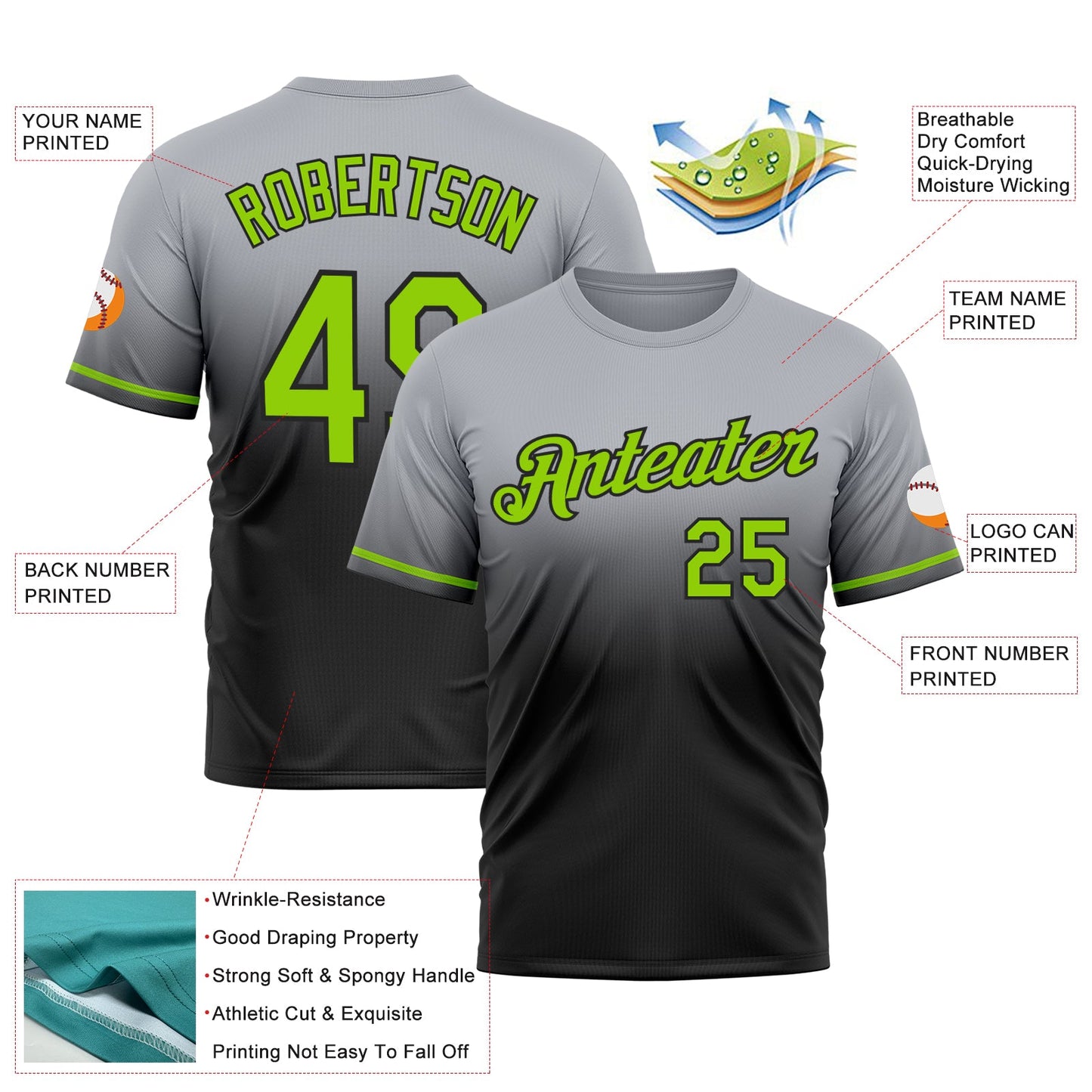 Custom Gray Neon Green-Black Fade Fashion Performance T-Shirt view 3