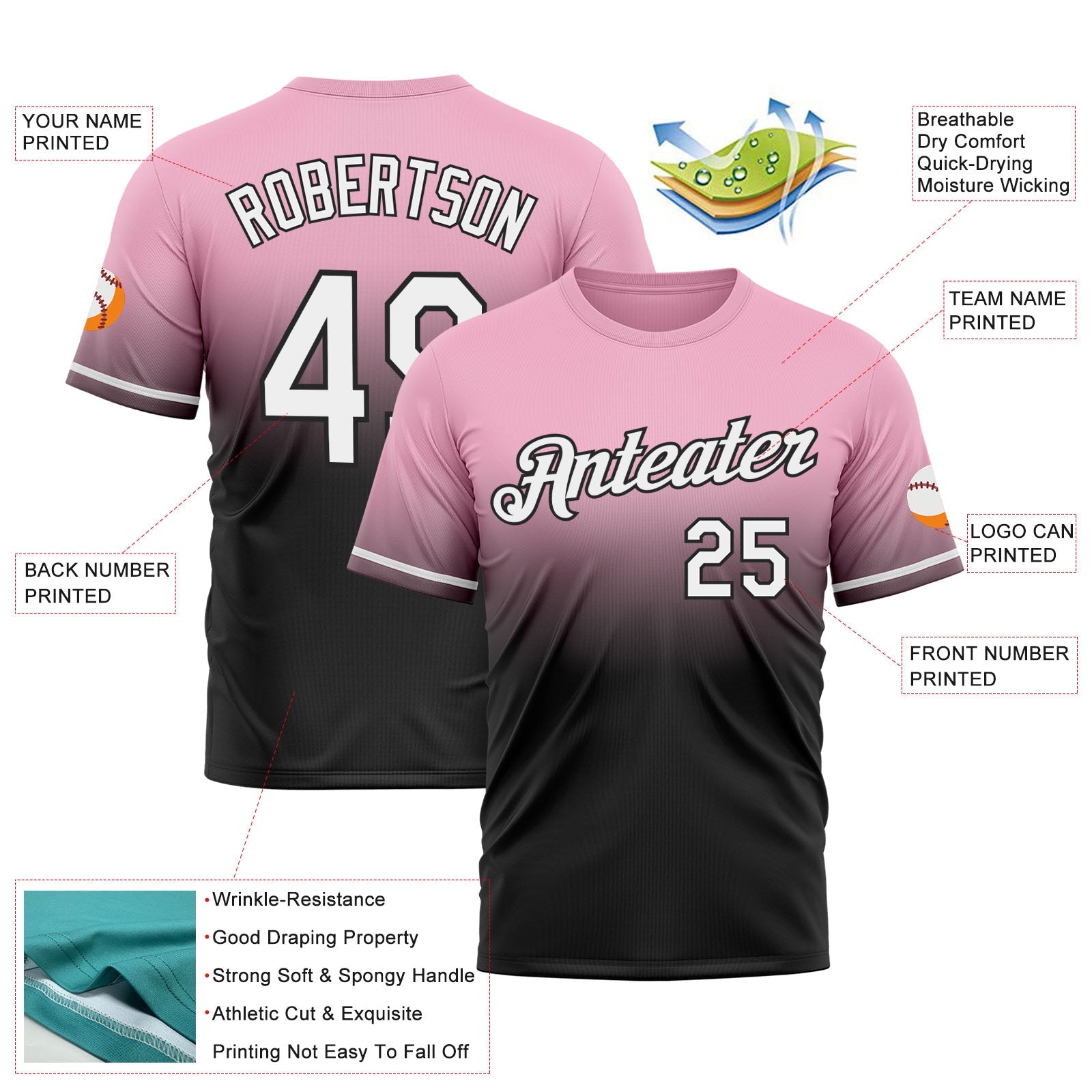 Custom Light Pink White-Black Fade Fashion Performance T-Shirt view 3