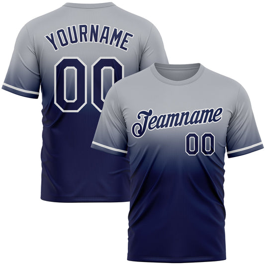 Custom Gray Navy-White Fade Fashion Performance T-Shirt - Main View