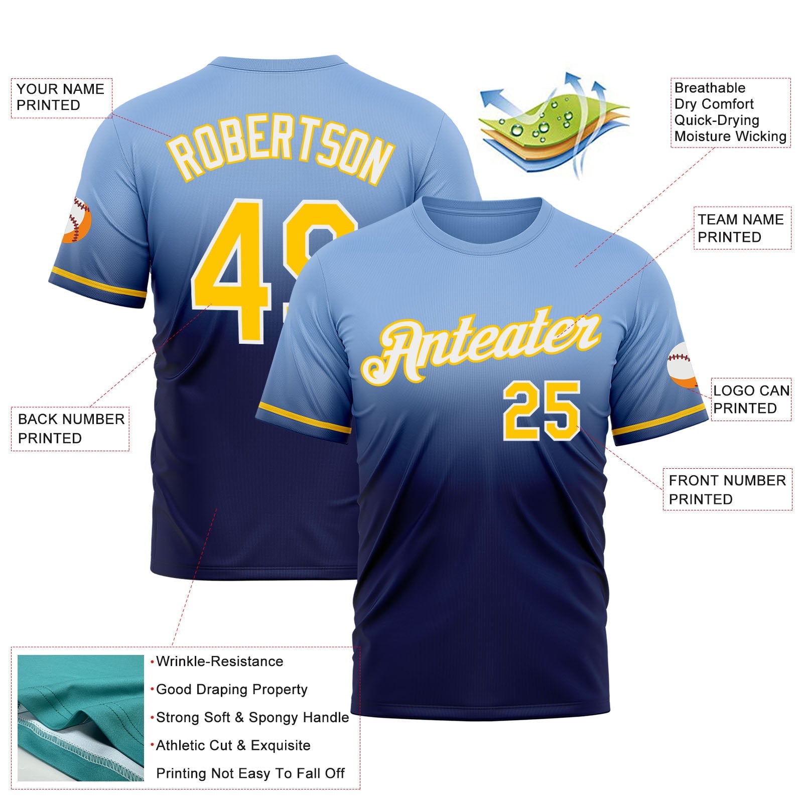 Custom Light Blue Yellow-Navy Fade Fashion Performance T-Shirt view 3