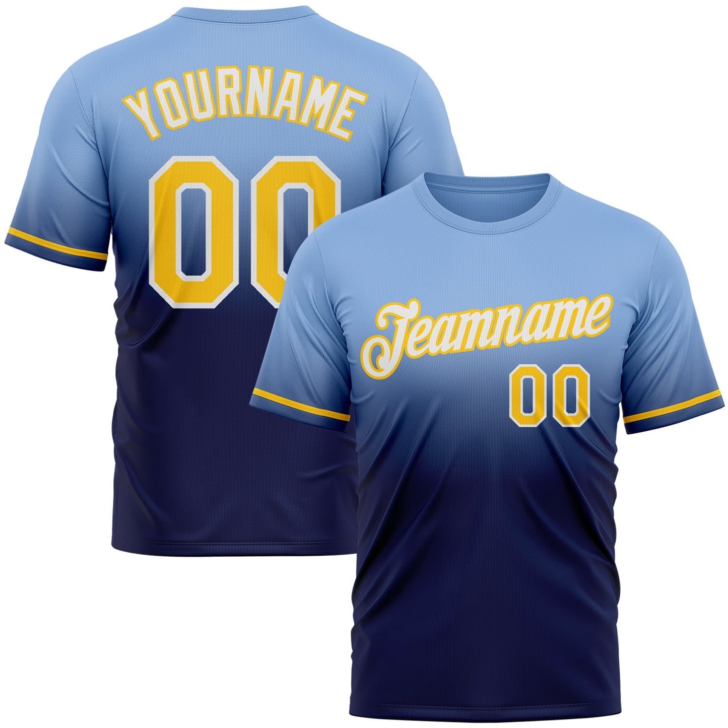 Custom Light Blue Yellow-Navy Fade Fashion Performance T-Shirt - Main View