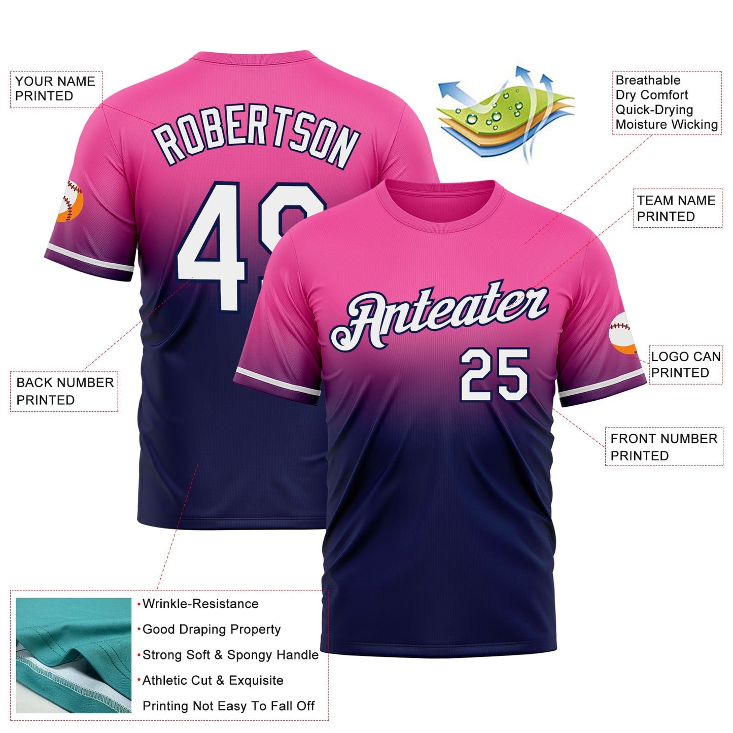 Custom Pink White-Navy Fade Fashion Performance T-Shirt view 3