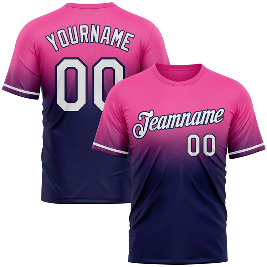 Custom Pink White-Navy Fade Fashion Performance T-Shirt - Main View