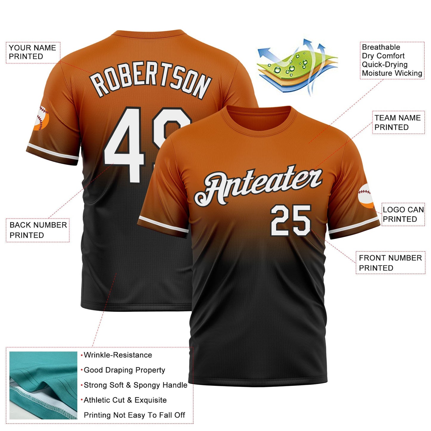 Custom Texas Orange White-Black Fade Fashion Performance T-Shirt view 3