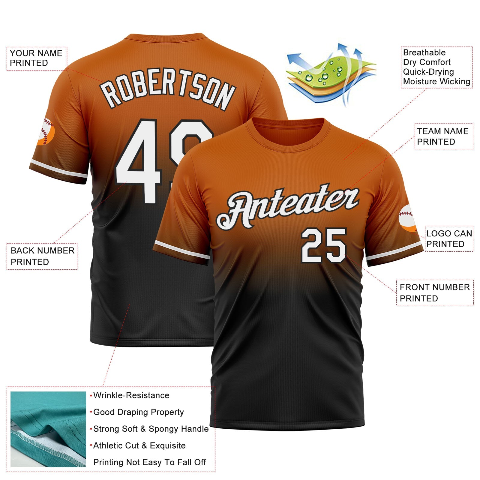 Custom Texas Orange White-Black Fade Fashion Performance T-Shirt view 3