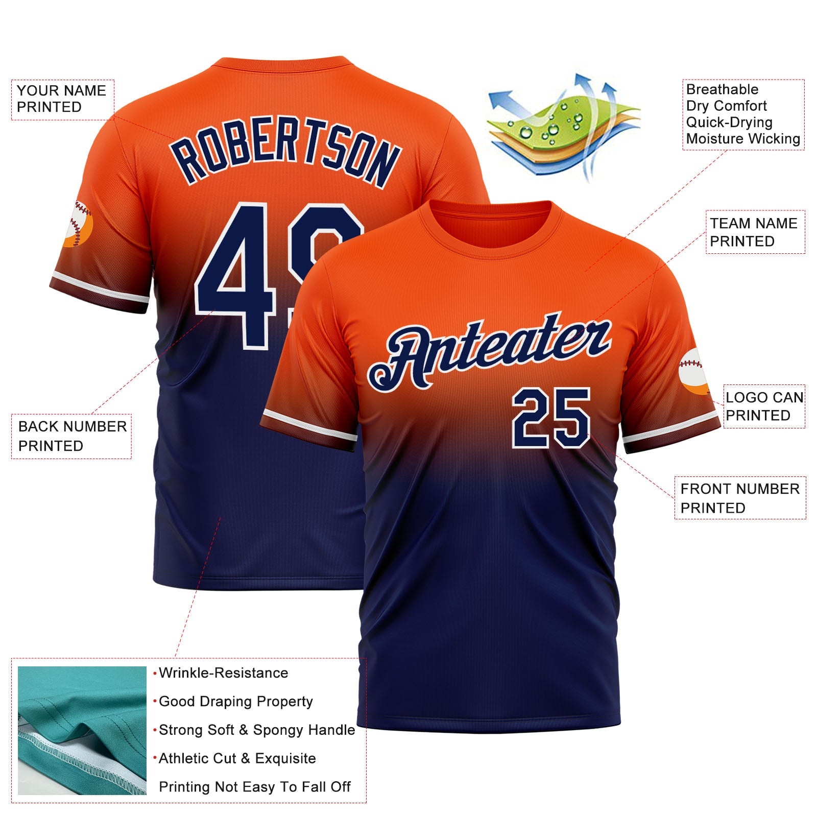 Custom Orange Navy-White Fade Fashion Performance T-Shirt view 3