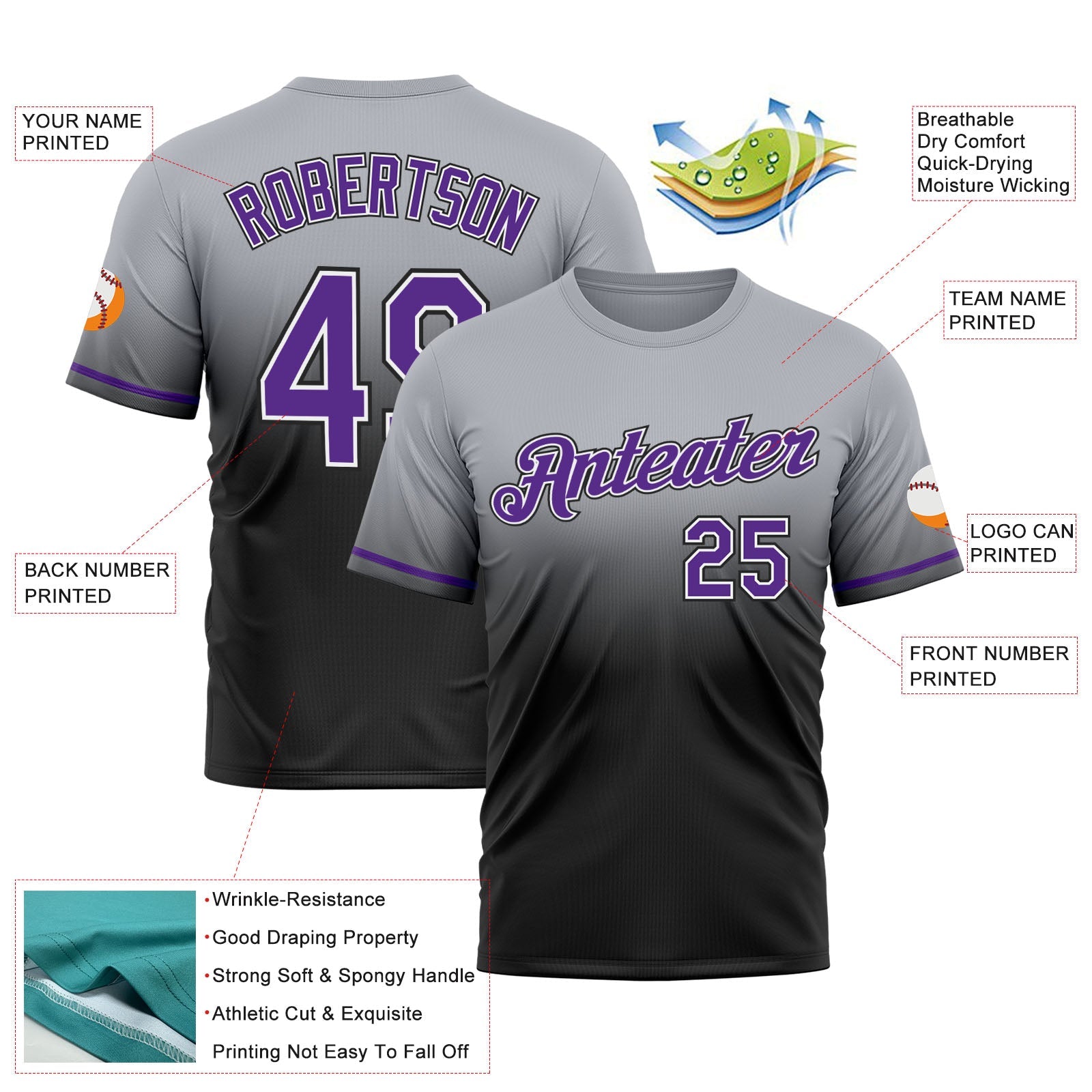 Custom Gray Purple-Black Fade Fashion Performance T-Shirt view 3
