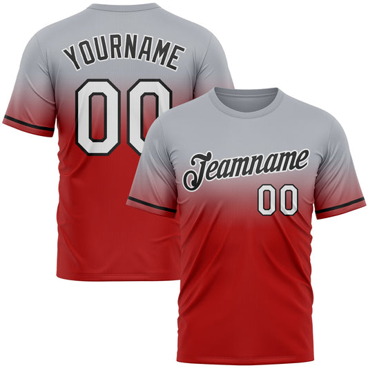 Custom Gray Red-Black Fade Fashion Performance T-Shirt - Main View