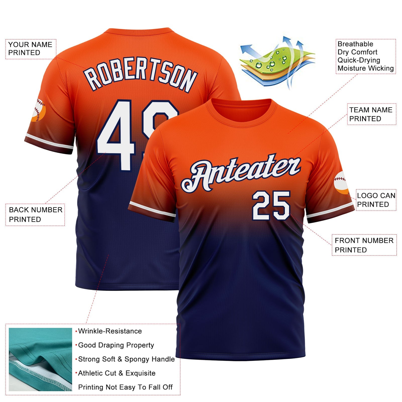 Custom Orange White-Navy Fade Fashion Performance T-Shirt view 3