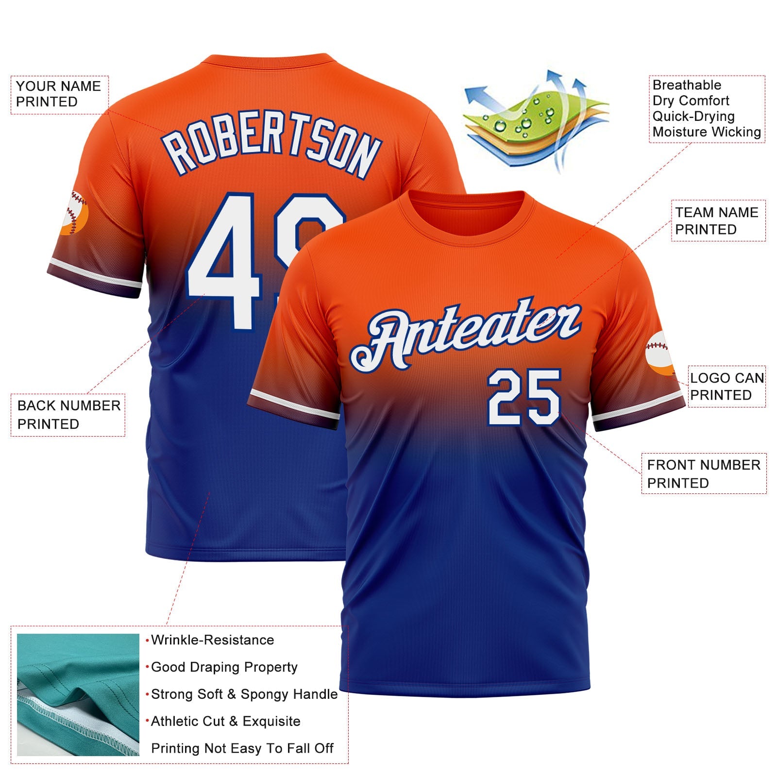 Custom Orange White-Royal Fade Fashion Performance T-Shirt view 3