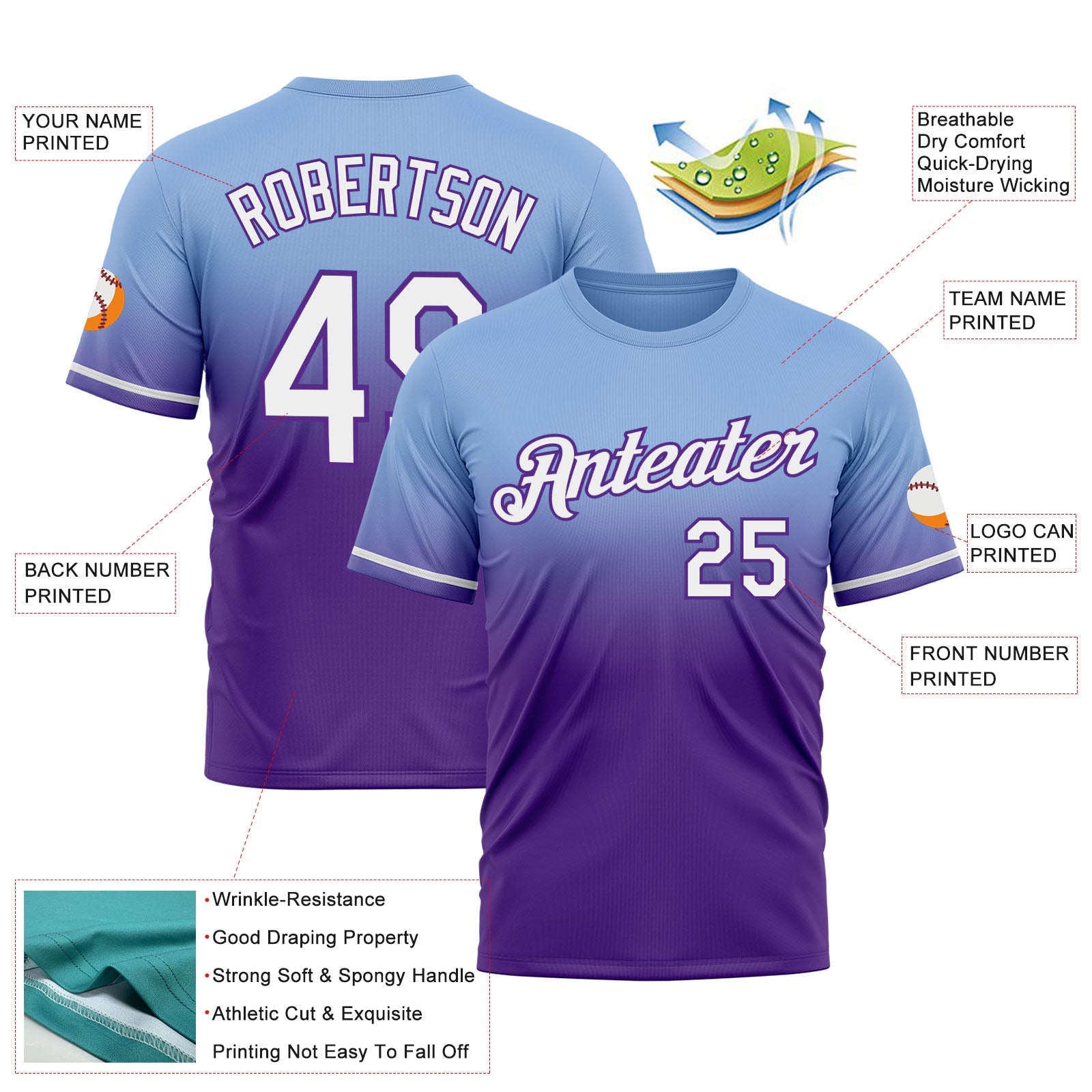 Custom Light Blue White-Purple Fade Fashion Performance T-Shirt view 3