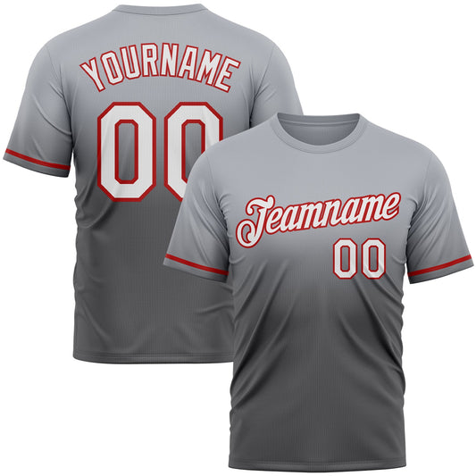 Custom Gray Steel Gray-Red Fade Fashion Performance T-Shirt - Main View