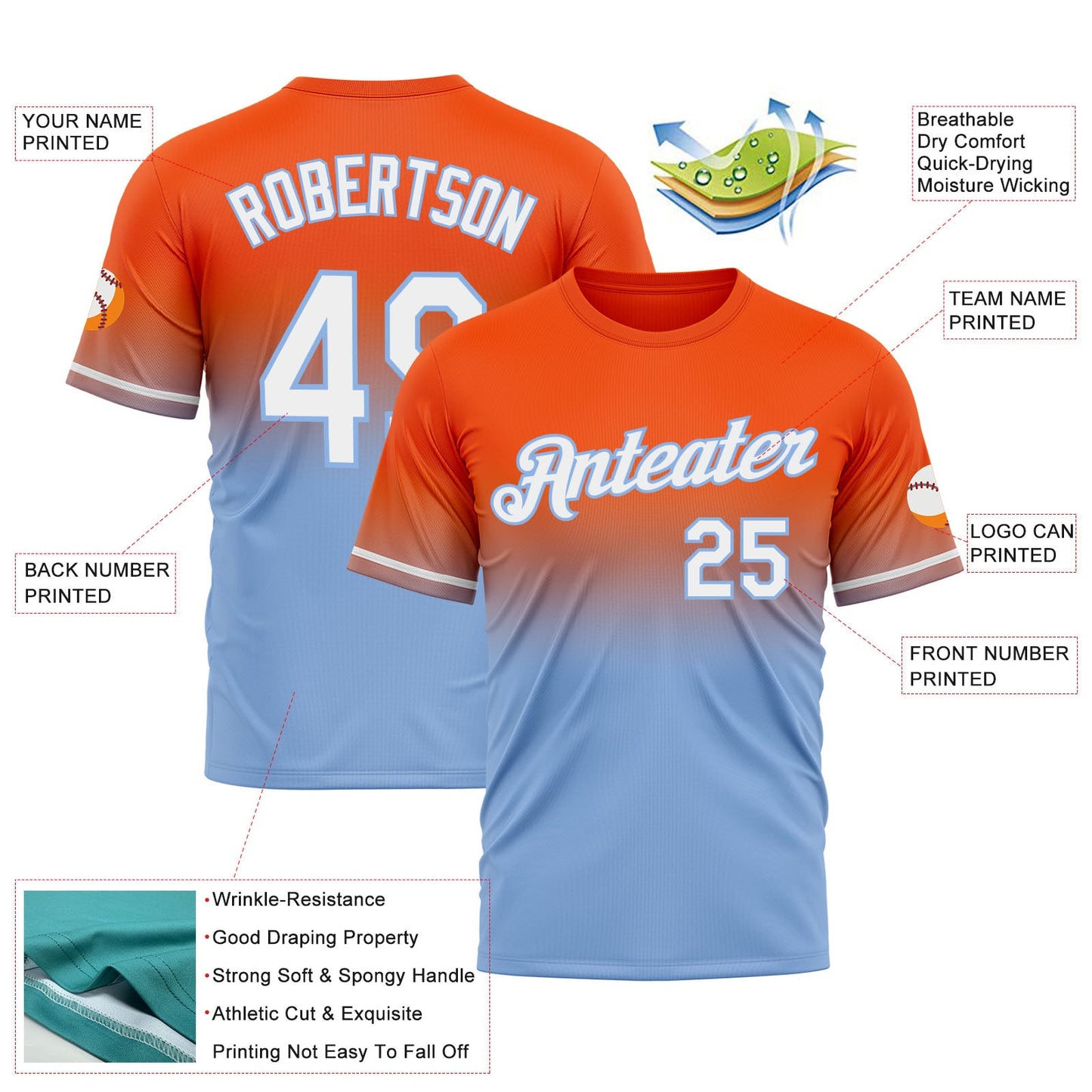 Custom Orange White-Light Blue Fade Fashion Performance T-Shirt view 3