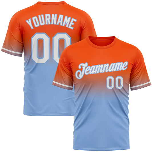 Custom Orange White-Light Blue Fade Fashion Performance T-Shirt - Main View