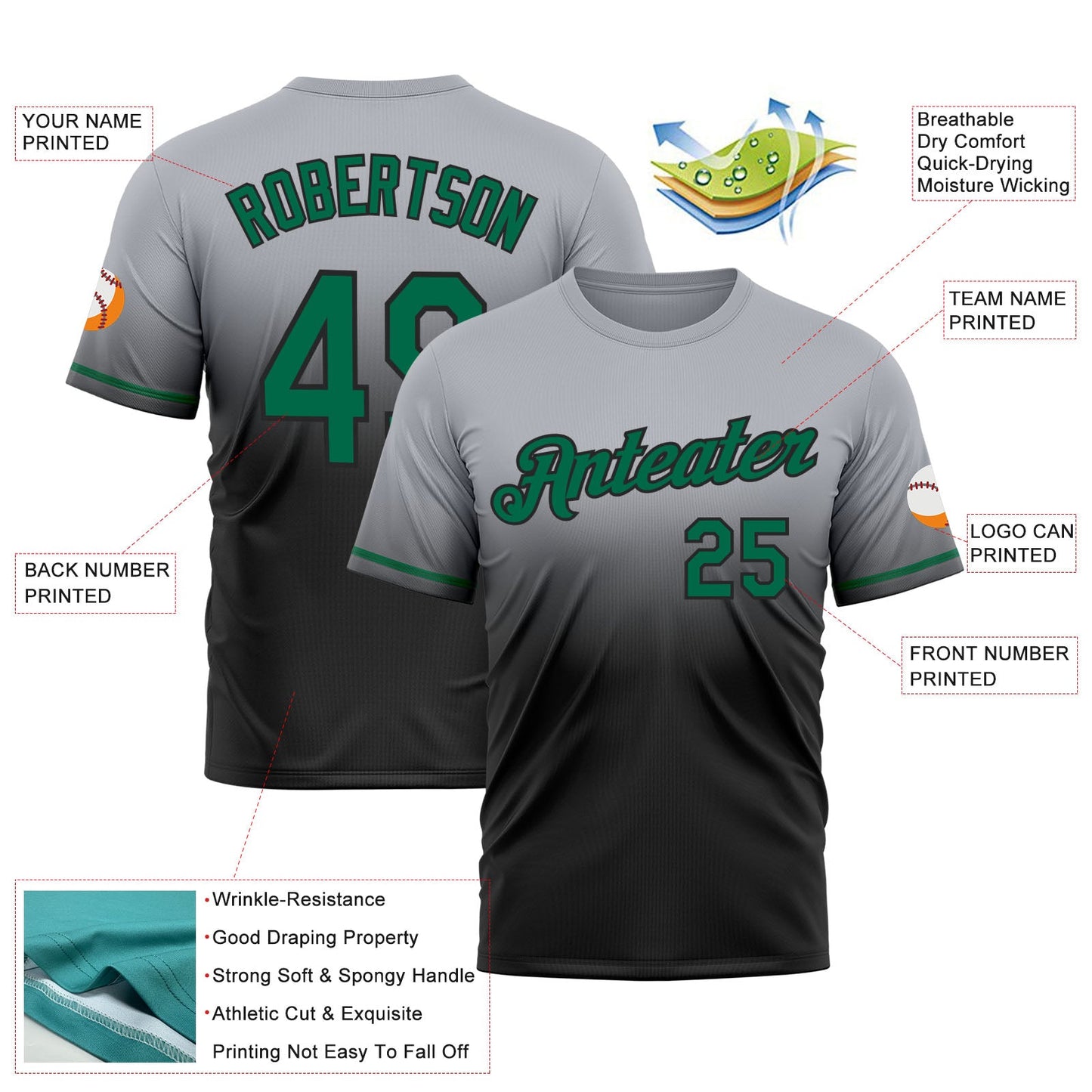 Custom Gray Kelly Green-Black Fade Fashion Performance T-Shirt view 3