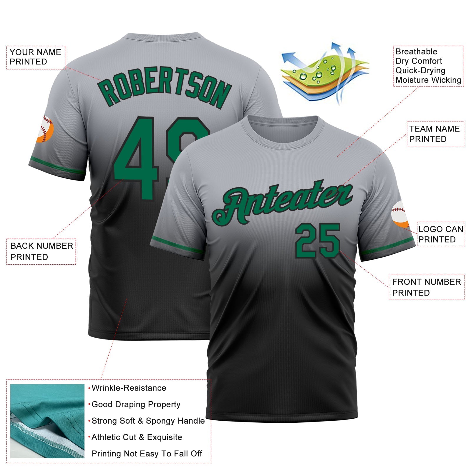 Custom Gray Kelly Green-Black Fade Fashion Performance T-Shirt view 3