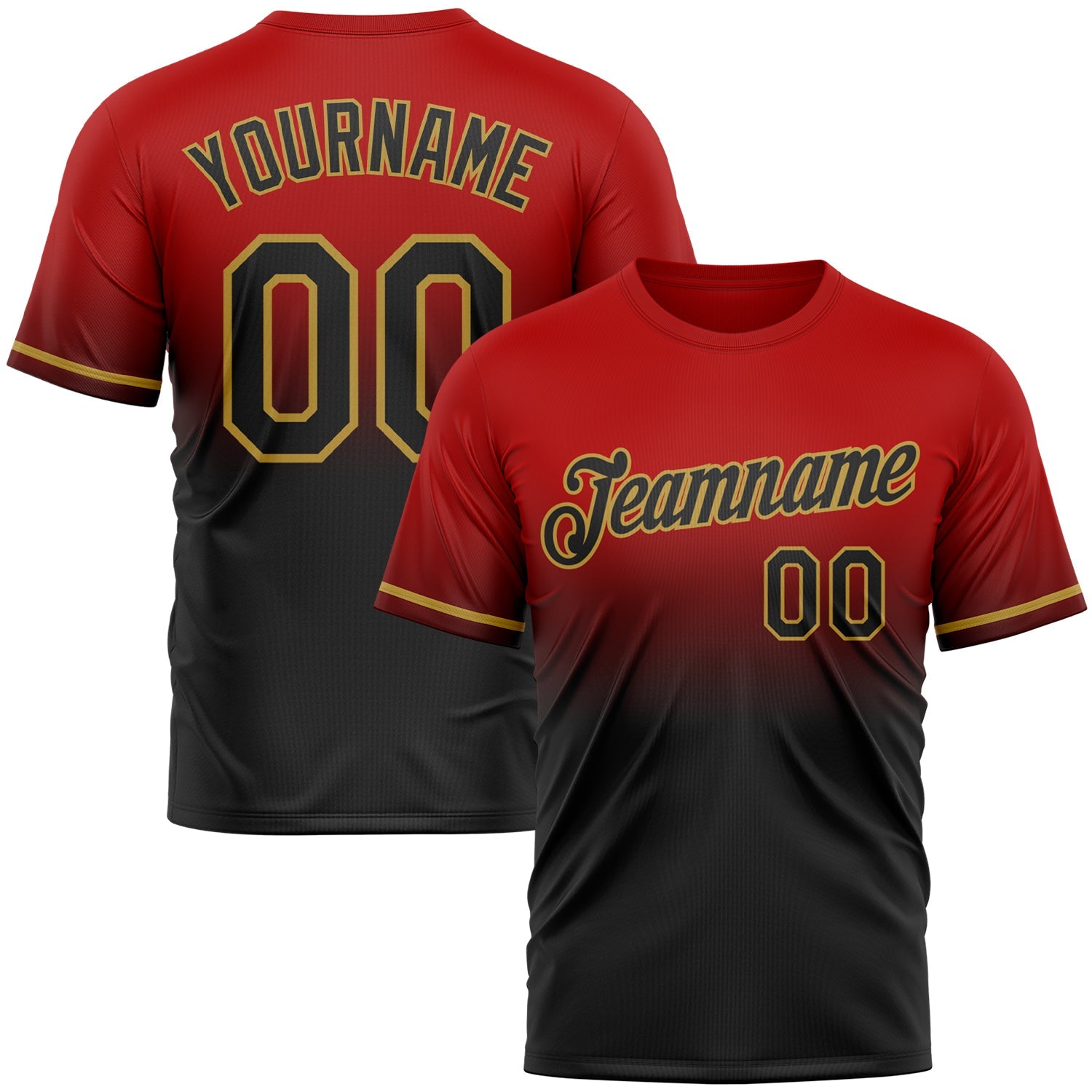 Custom Red Black-Old Gold Fade Fashion Performance T-Shirt - Main View