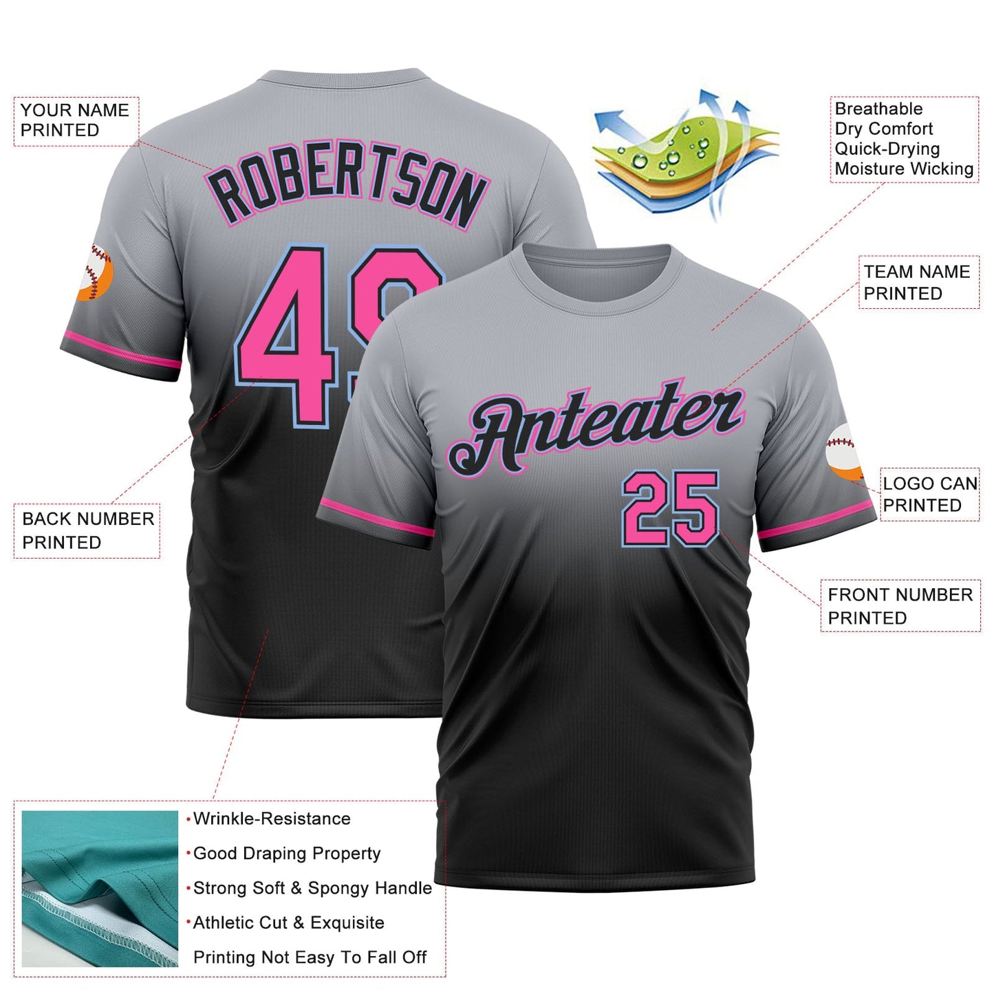 Custom Gray Pink Black-Light Blue Fade Fashion Performance T-Shirt view 3