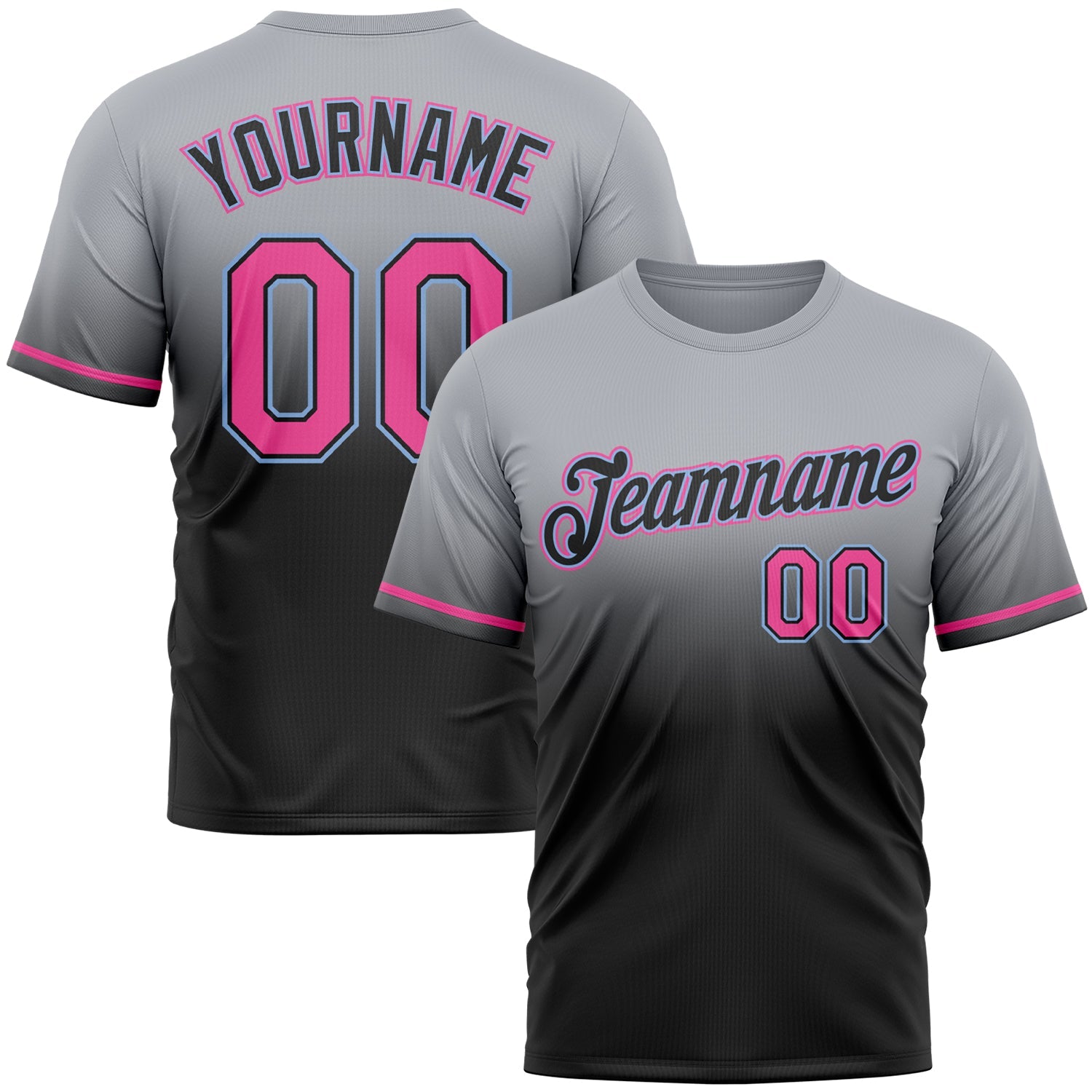 Custom Gray Pink Black-Light Blue Fade Fashion Performance T-Shirt - Main View