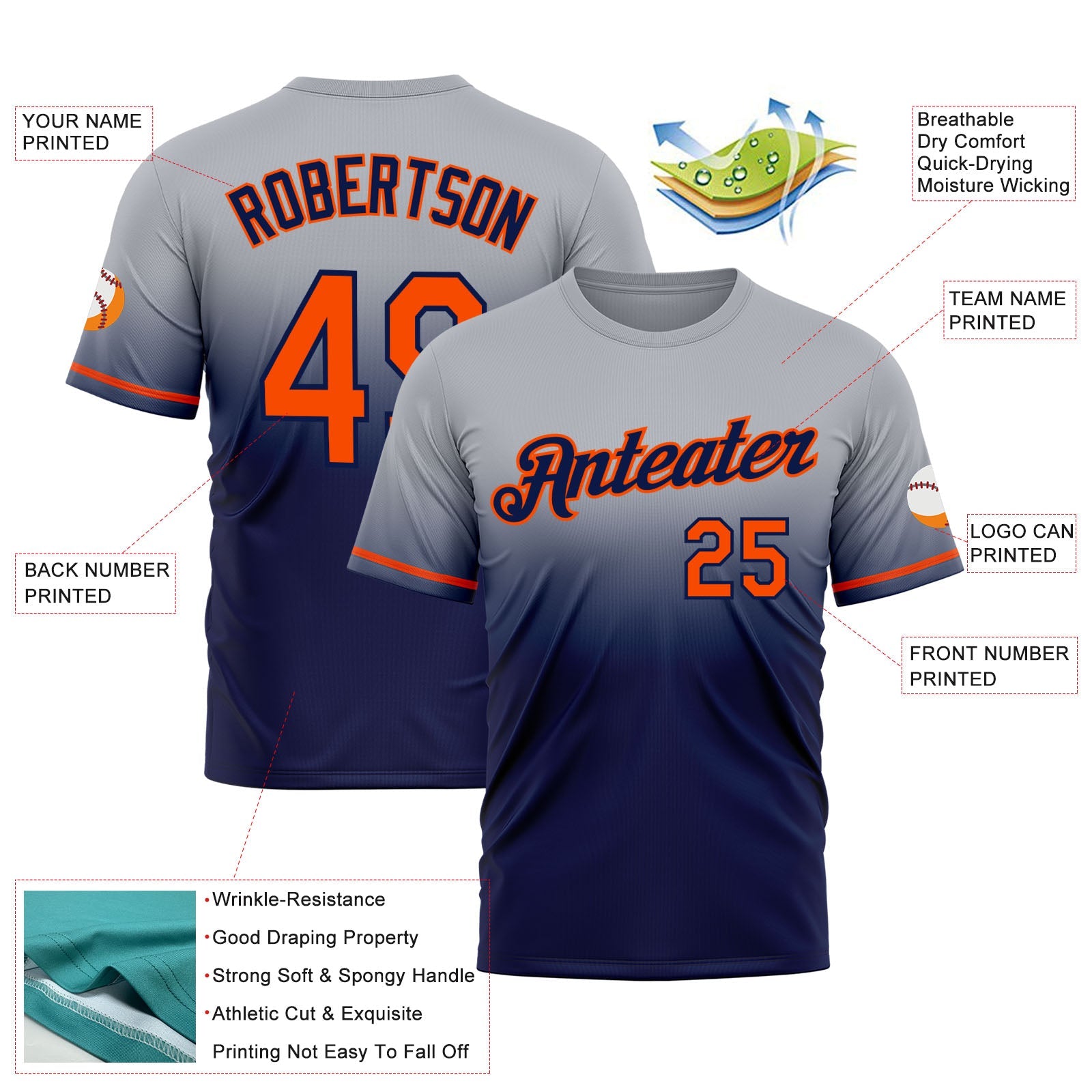 Custom Gray Orange-Navy Fade Fashion Performance T-Shirt view 3