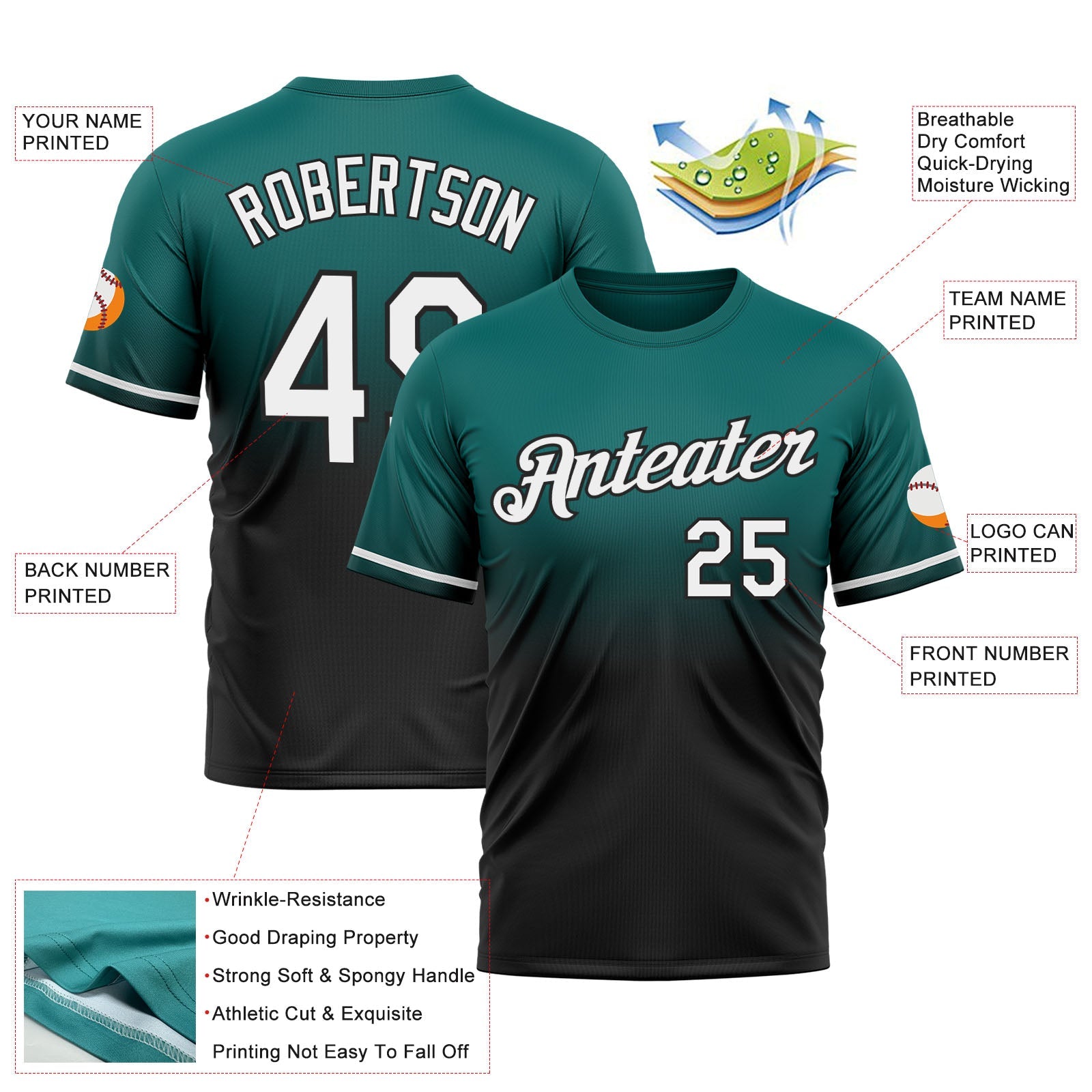 Custom Teal White-Black Fade Fashion Performance T-Shirt view 3