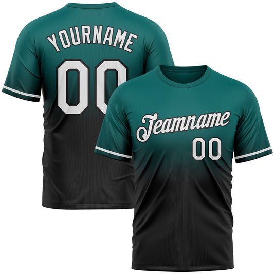 Custom Teal White-Black Fade Fashion Performance T-Shirt - Main View