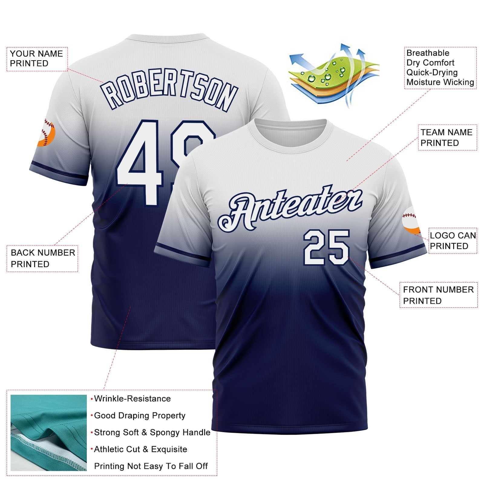 Custom White Navy Fade Fashion Performance T-Shirt view 3