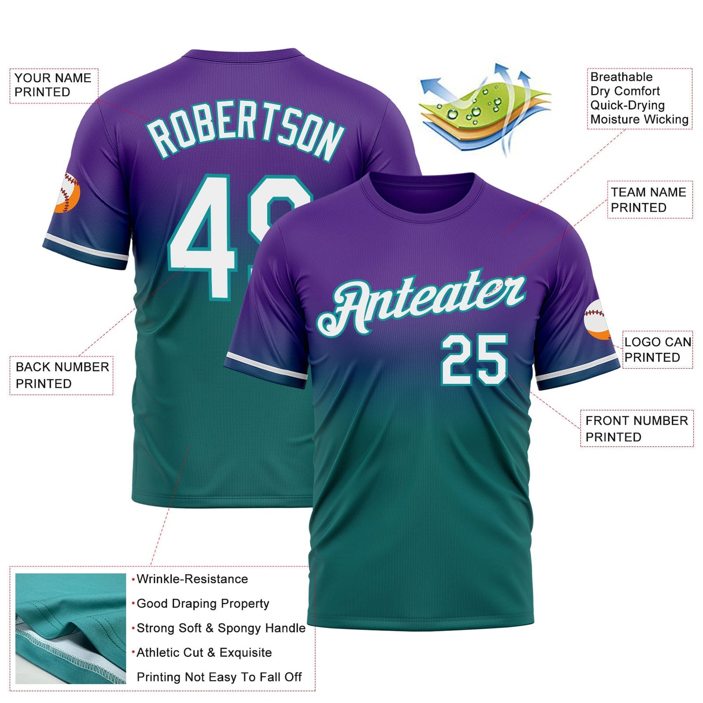 Custom Purple White-Teal Fade Fashion Performance T-Shirt view 3