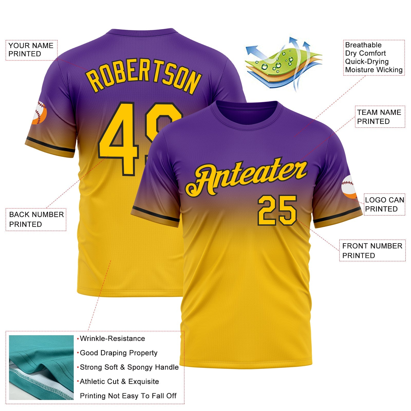 Custom Purple Yellow-Black Fade Fashion Performance T-Shirt view 3