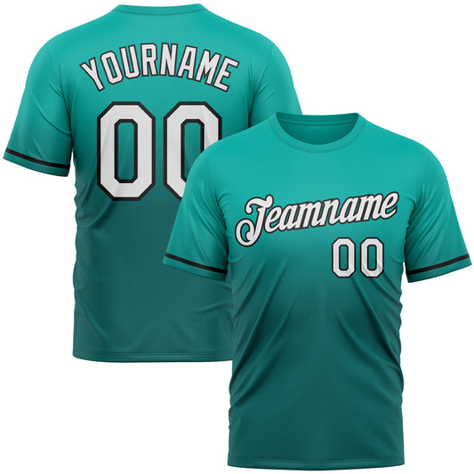 Custom Aqua Teal-Black Fade Fashion Performance T-Shirt - Main View