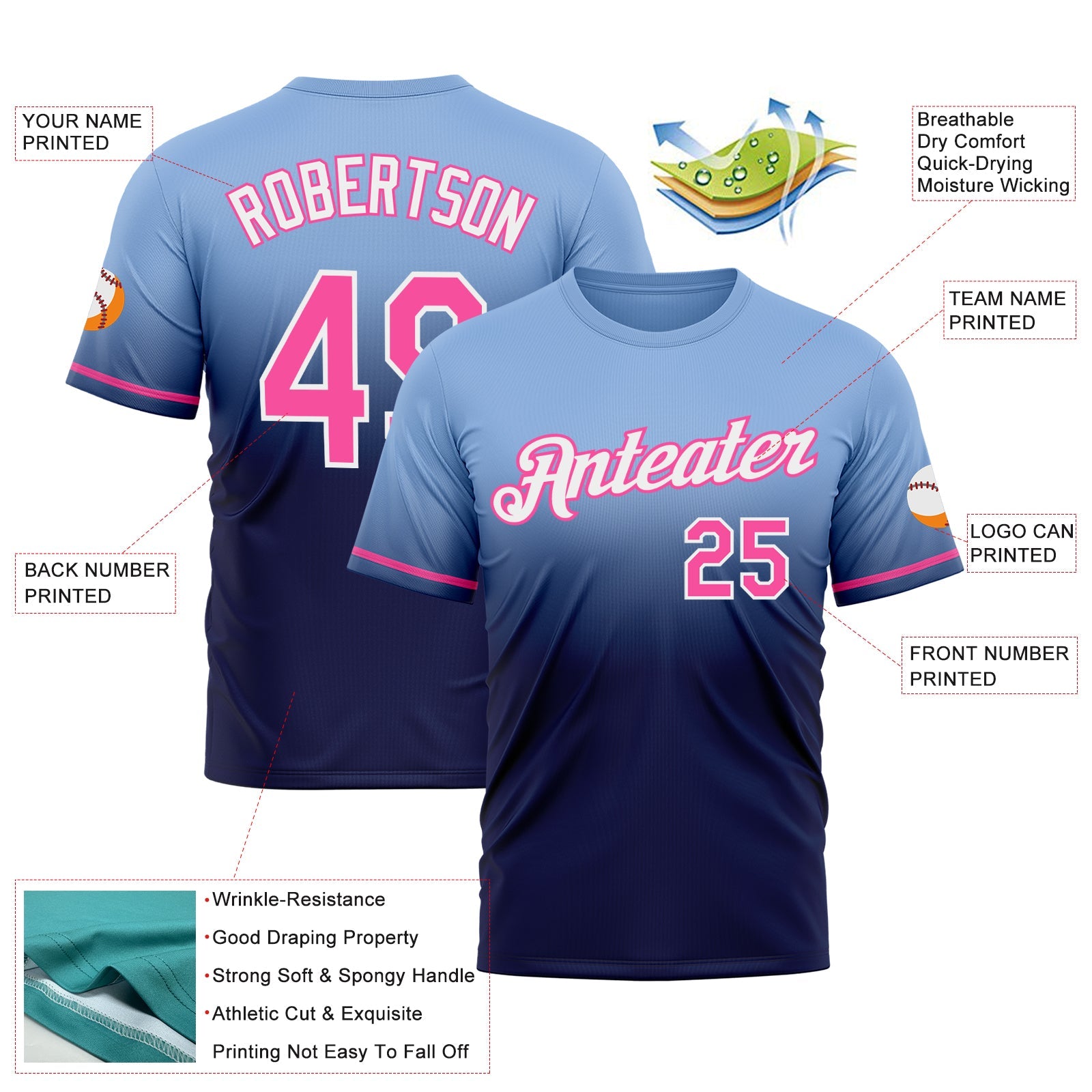 Custom Light Blue Pink-Navy Fade Fashion Performance T-Shirt view 3