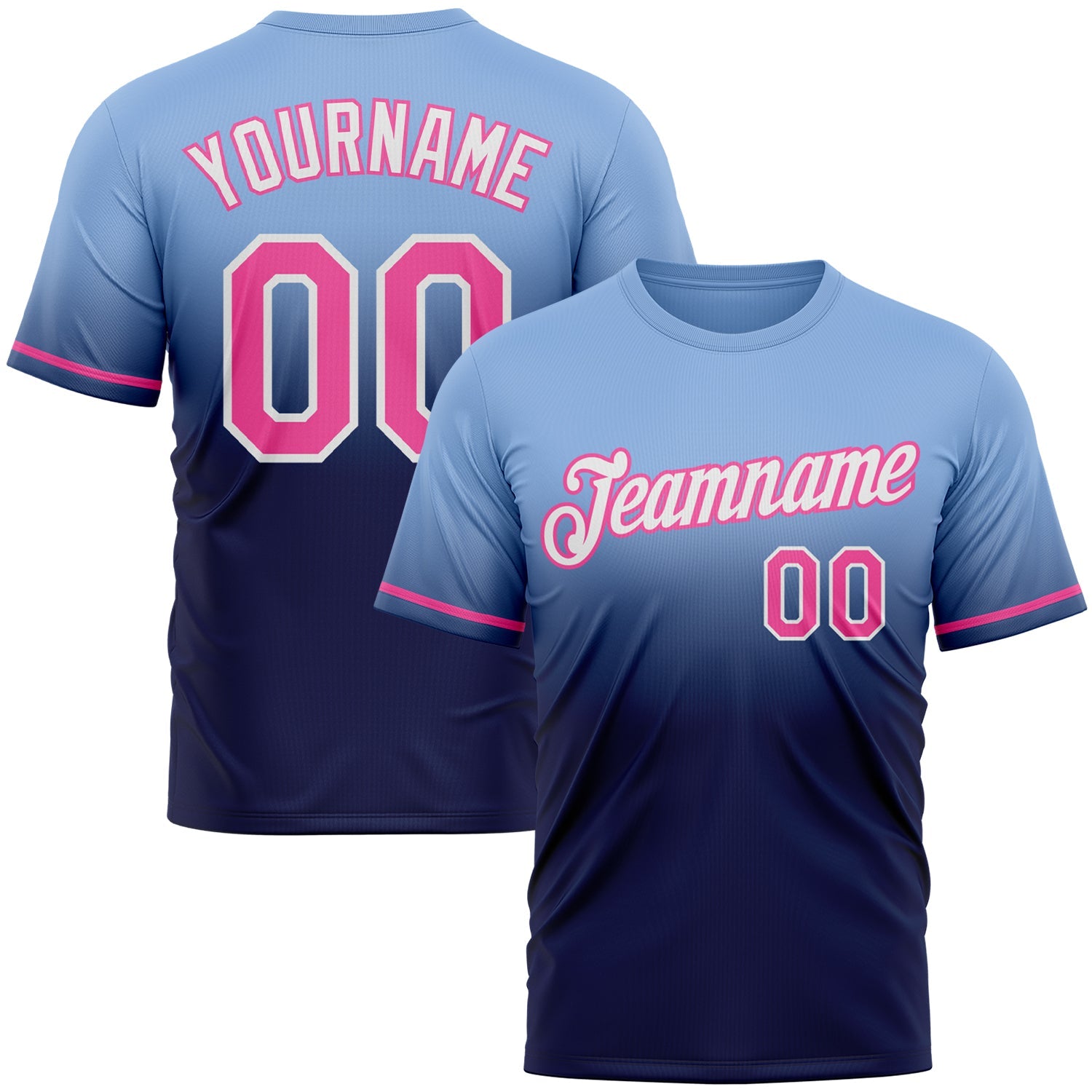 Custom Light Blue Pink-Navy Fade Fashion Performance T-Shirt - Main View