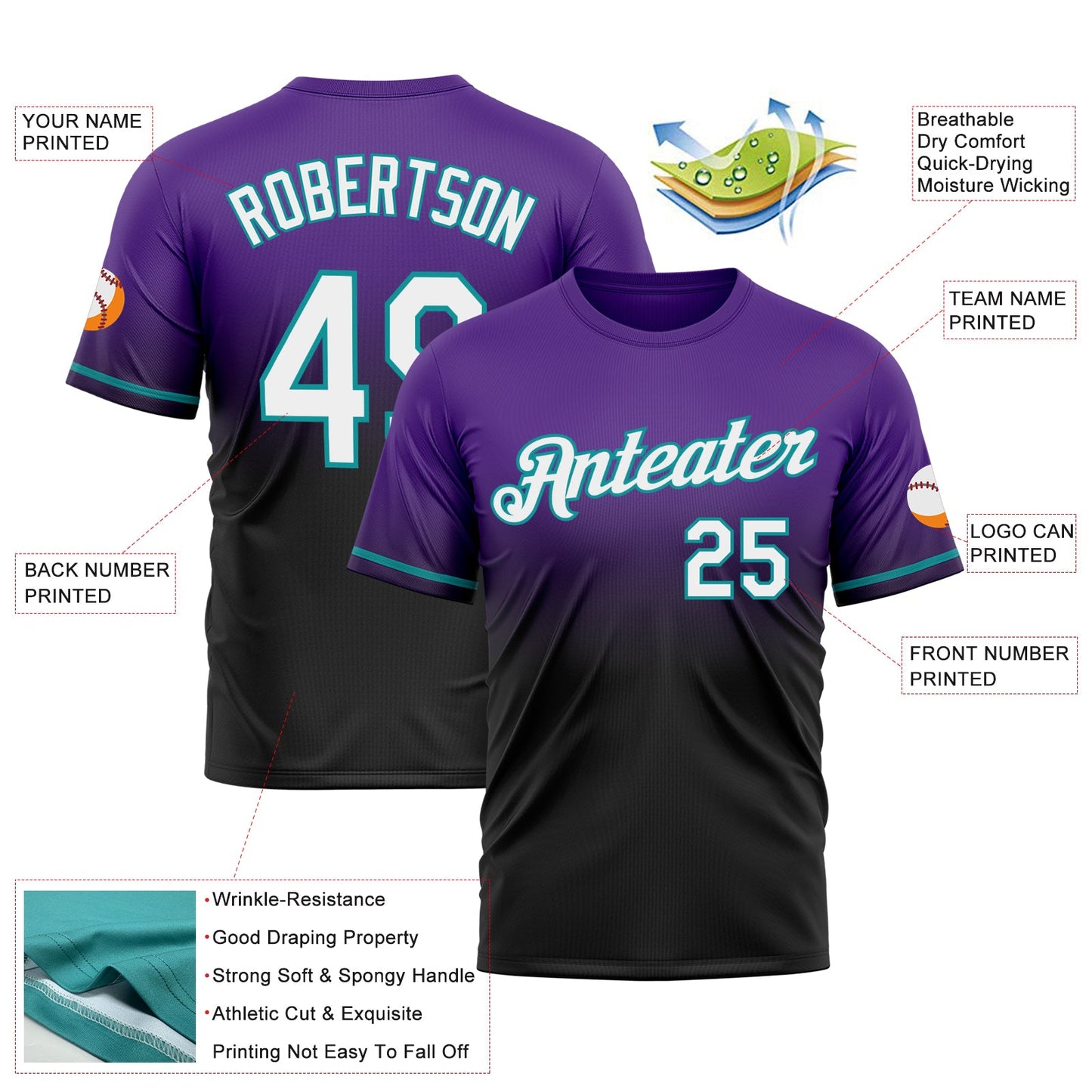 Custom Purple Black-Teal Fade Fashion Performance T-Shirt view 3