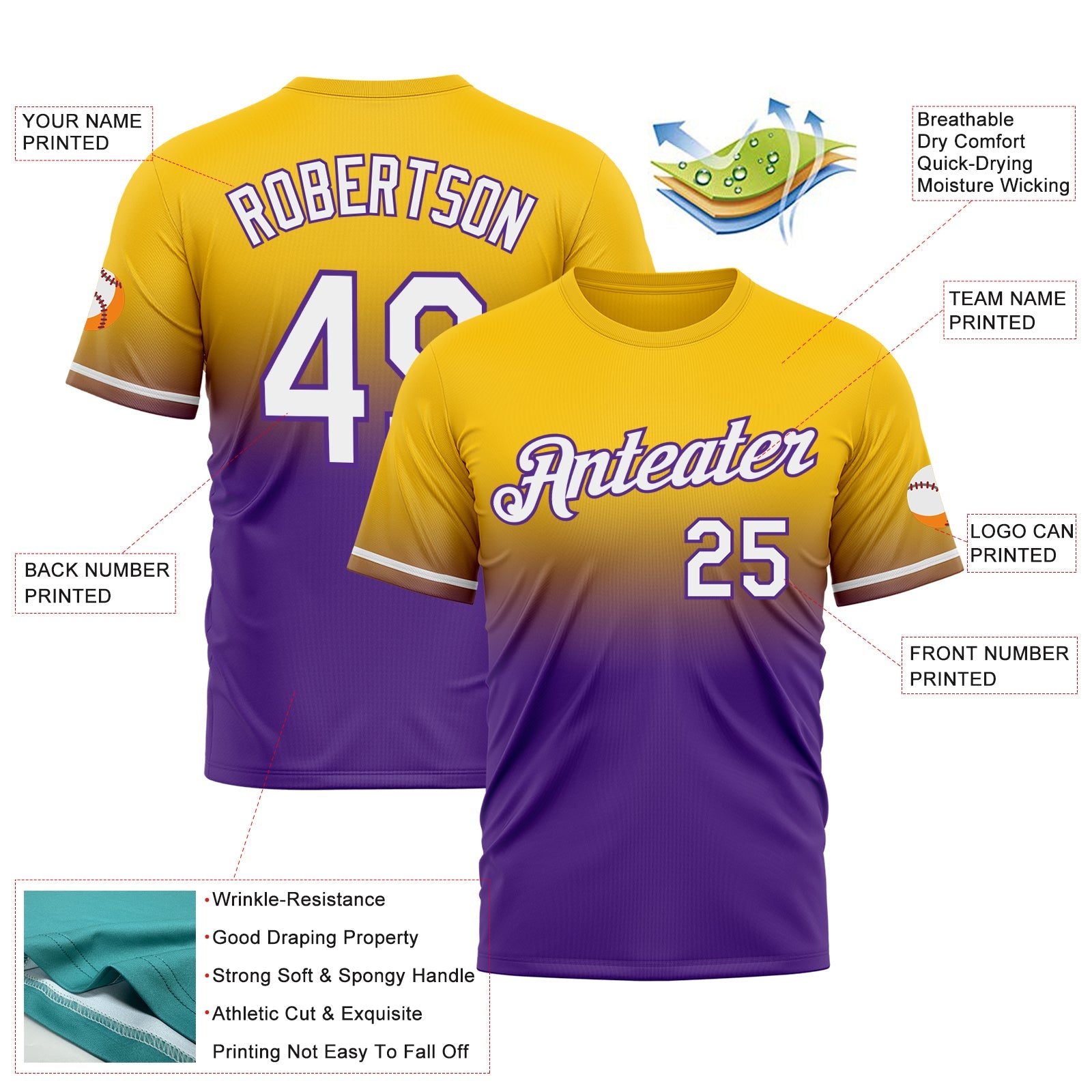 Custom Yellow White-Purple Fade Fashion Performance T-Shirt view 3